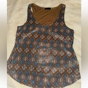 AREA Boho Sequin Top | Ikat Motif Bronze Blue Sparkle Tank EUC SZ L